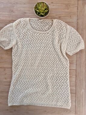 Malo Cashmere Short Sleeve Sweater Ivory Textured Knit Tee Size M